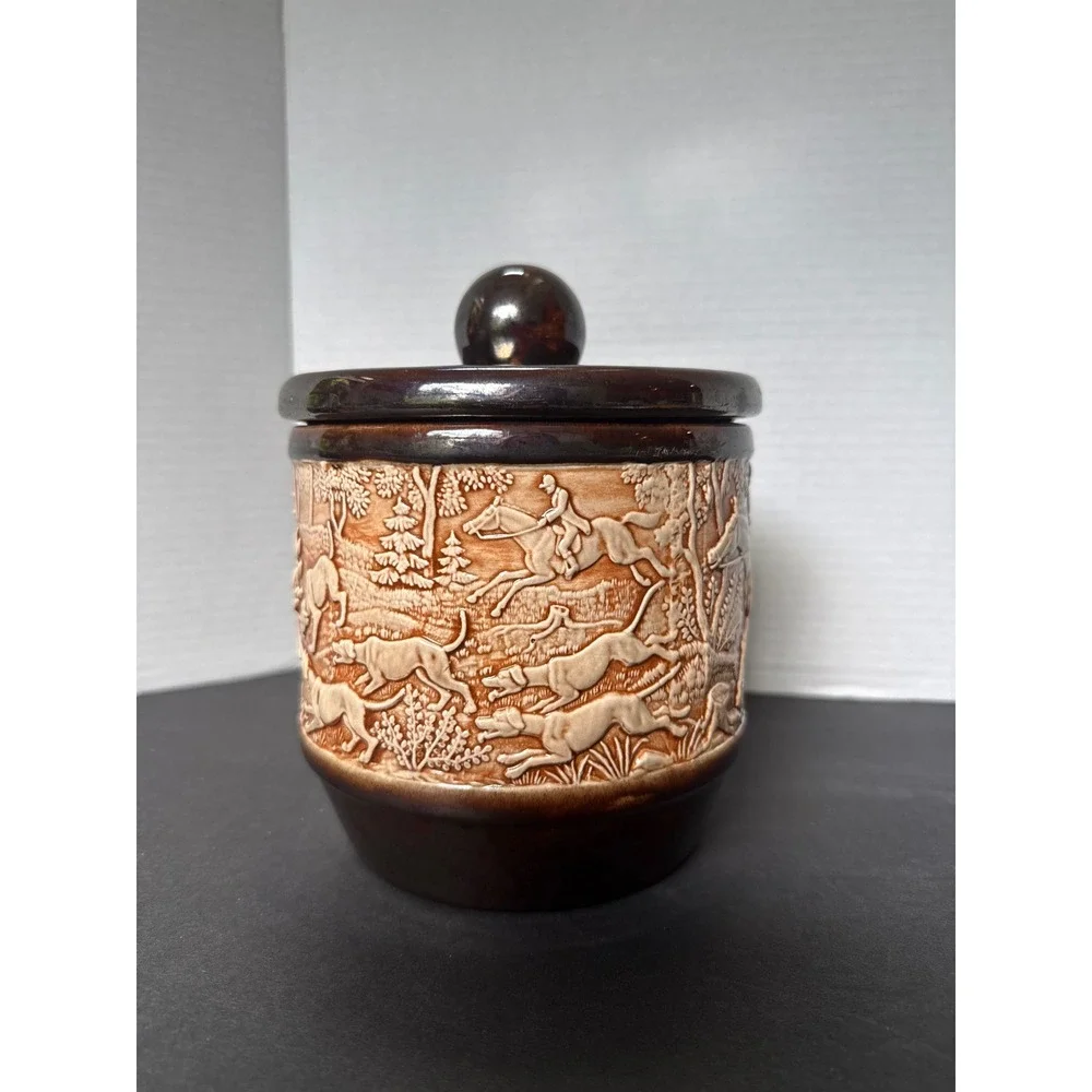 Vintage Ceramic Fox Hunt Scene Canister Lidded Jar Equestrian Relief Brown